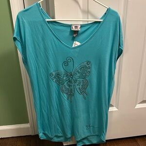 Encore Jeans Teal Butterfly Graphic Tee
